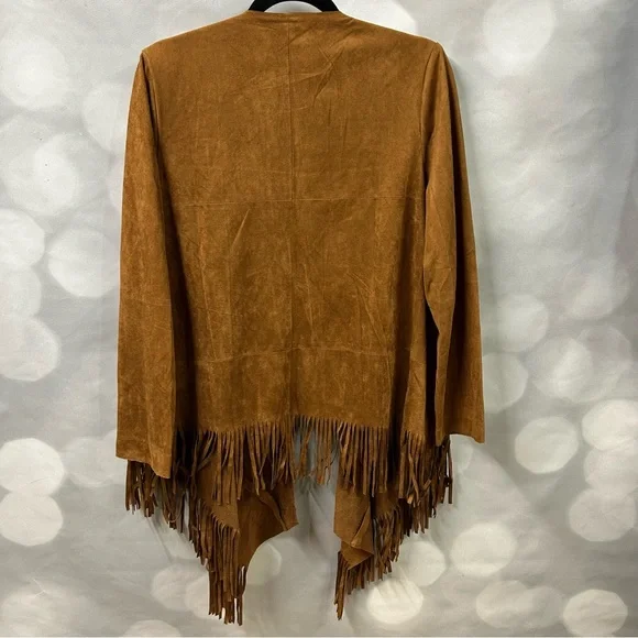 Mauve brown faux suede fringe tasseled open‎ long sleeve cardigan jacket size M - Picture 2 of 8